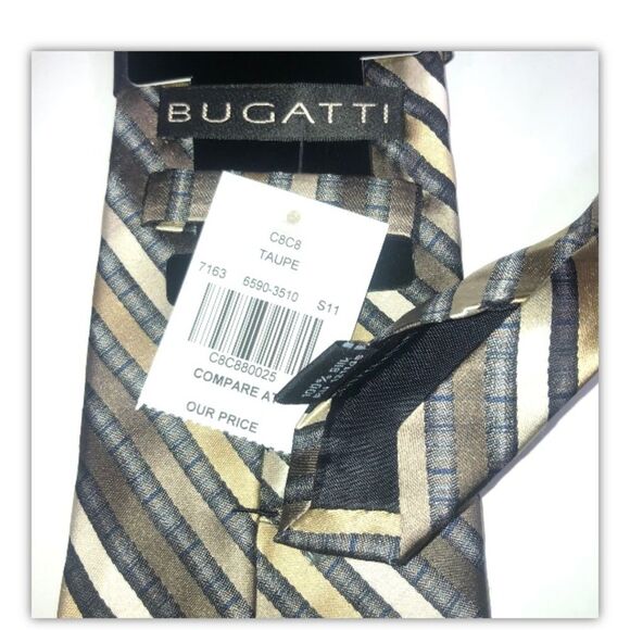 BUGATTI 100% Silk Necktie Taupe,Gold Diagonally Striped Design π 58βx3.5β NWT - Picture 2 of 3